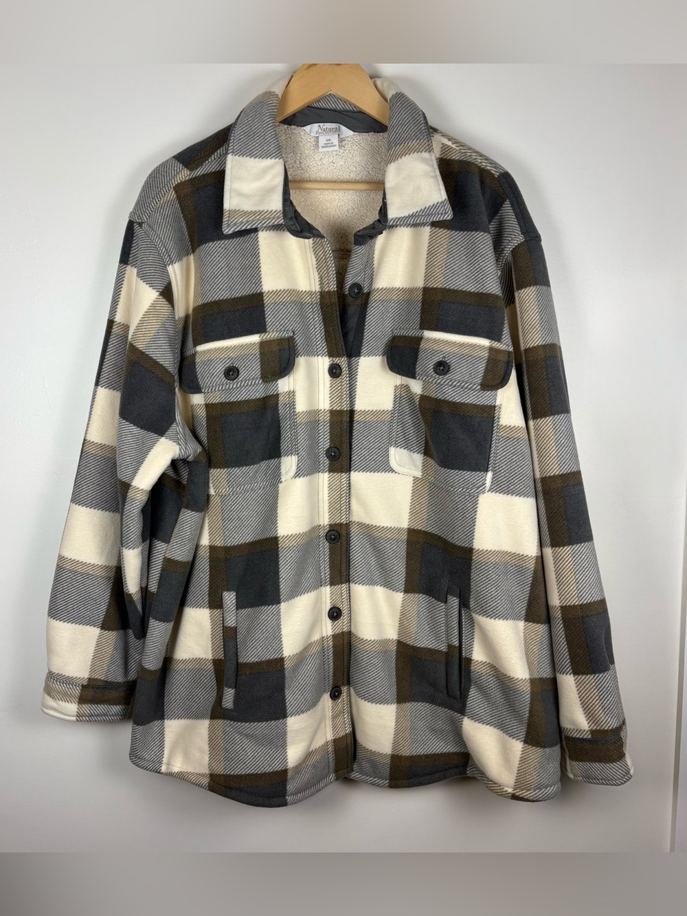 Natural Reflections Cedar Fleece Jacket Plaid Shacket Grey Cream Brown Size XXL
